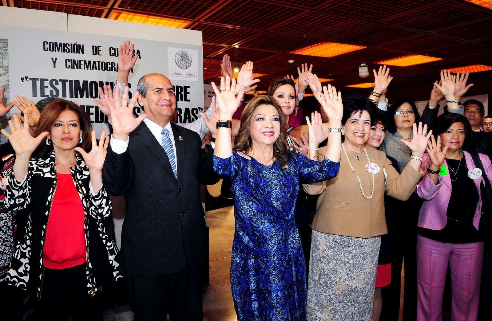Diputados y miembros de organizaciones civiles levantando las manos