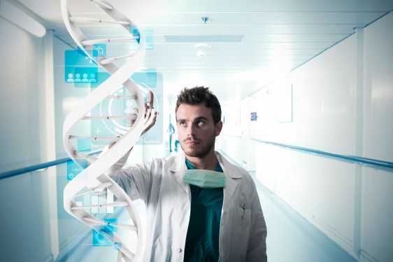 Médico tocando una cadena de ADN virtual