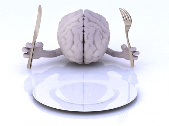 Ilustración de un cerebro con las manos y utensilios  con un plato listo para comer