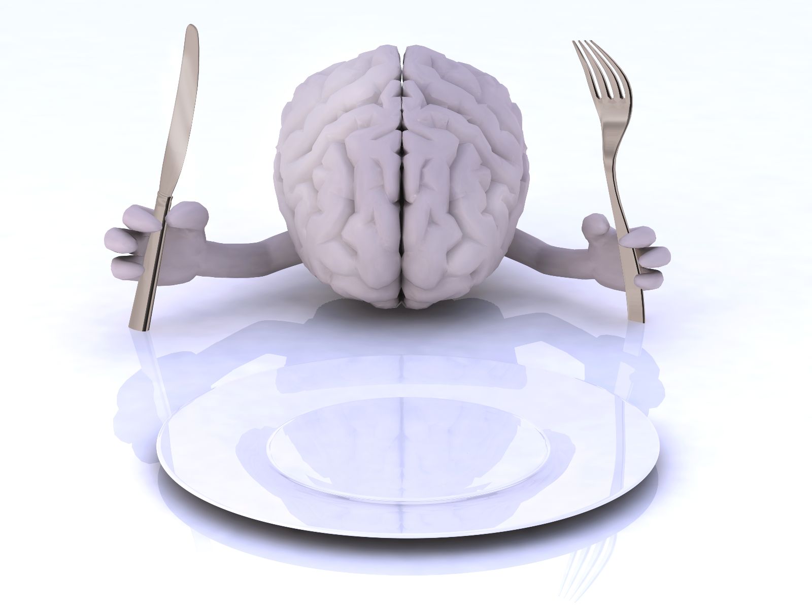 Ilustración de un cerebro con las manos y utensilios con un plato listo para comer