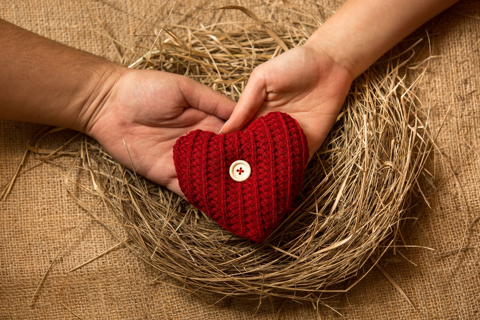 Manos de un hombre y una mujer sostienen un corazón de estambre sobre un nido