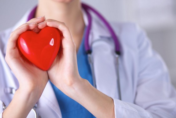 Doctora sostiene una figura con forma de corazón rjo en sus manos