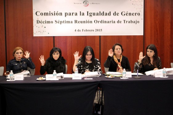 Senadoras levantado la mano en la reunión de la Comisión para la Igualdad de Género