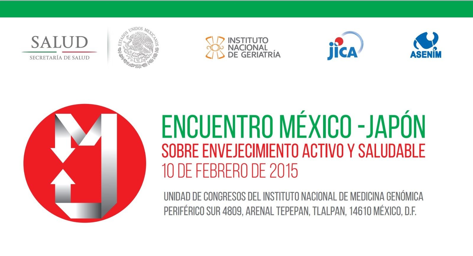 Logotipo de los organizadores y el texto "Encuentro México-Japón sobre Envejecimiento Activo y Saludable"