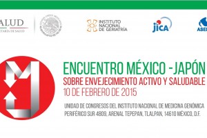 Logotipo de los organizadores y el texto "Encuentro México-Japón sobre Envejecimiento Activo y Saludable"