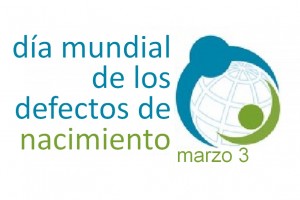 Logotipo con ilustracion de dos personas abrazando e mundo y el texto "Día Mundial de los Defectos de Nacimiento"