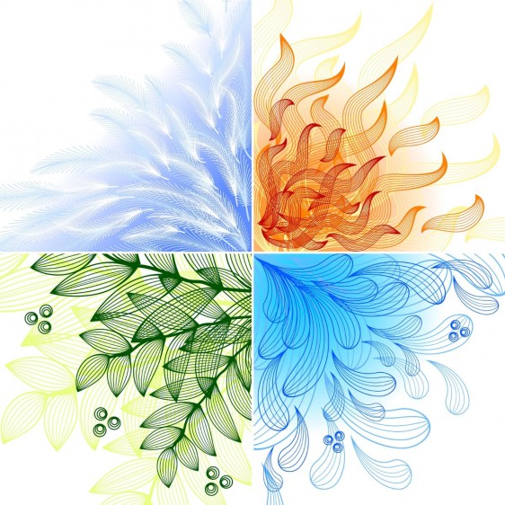 Ilustración en cuatro cuadros con Agua, Aire, Fuego y Tierra