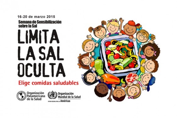 Ilustración de niños alrededor de un plato con verduras al lado el texto "LIMITA LA SAL OCULTA, ELIGE COMIDAS SALUDABLES"