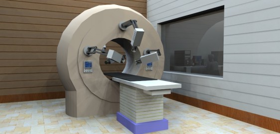 Ilustración 3D de equipo de radioterapía