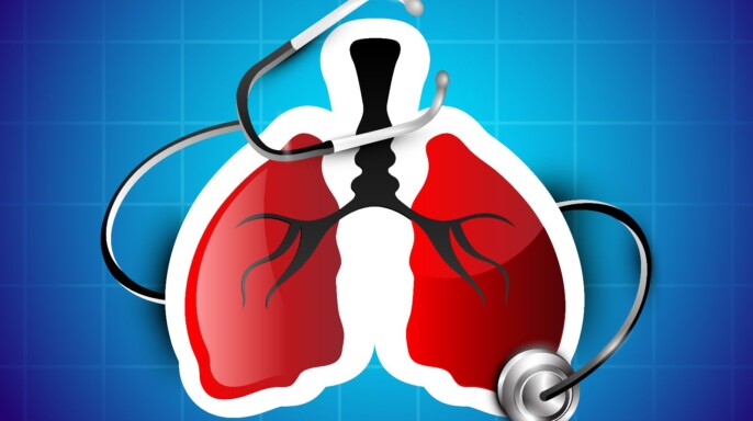 Ilustración de un pulmón en rojo con un estetoscopio negro en u fondo azul