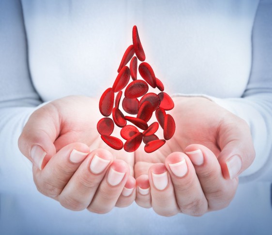 Mujer sosteniendo proyección 3D de una gota de sangre hecha con glóbulos rojos
