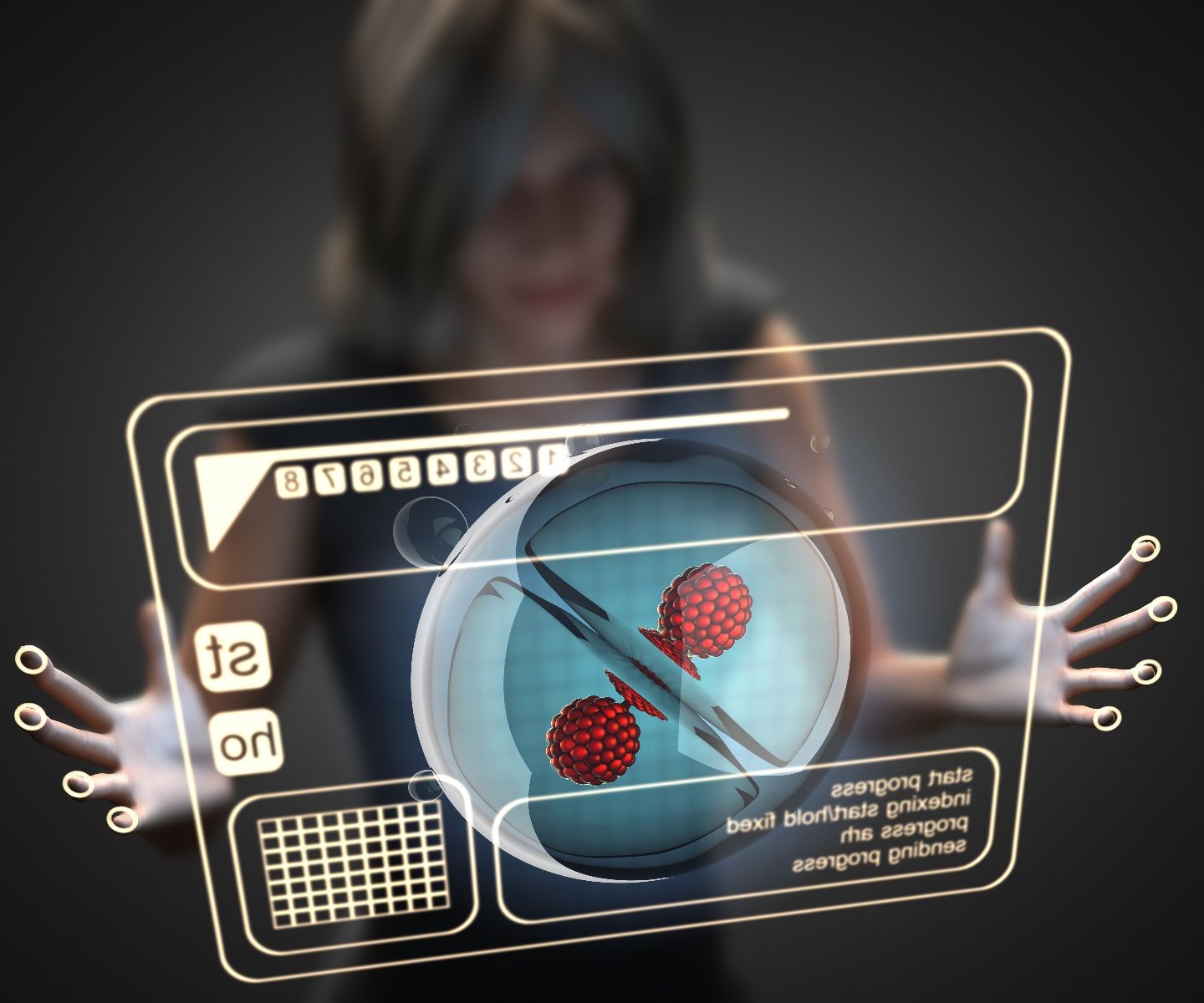 Ilustración 3D de una mujer observando una célula en una pantalla virtual