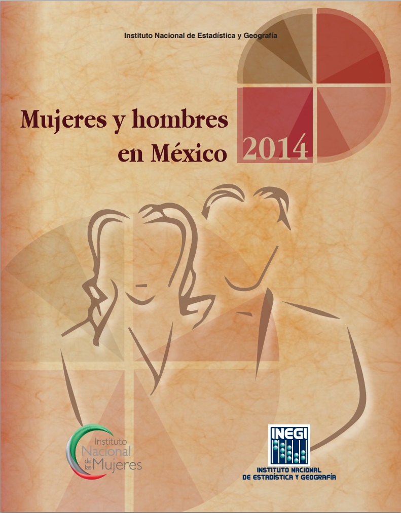 Portada color beige con ilustración de una mujer y un hombre con el título "Mujeres y hombres en México 2014”