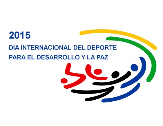 Texto "Día Internacional del Deporte para el Desarrollo y la Paz" con una ilustración de personas haciendo un deporte