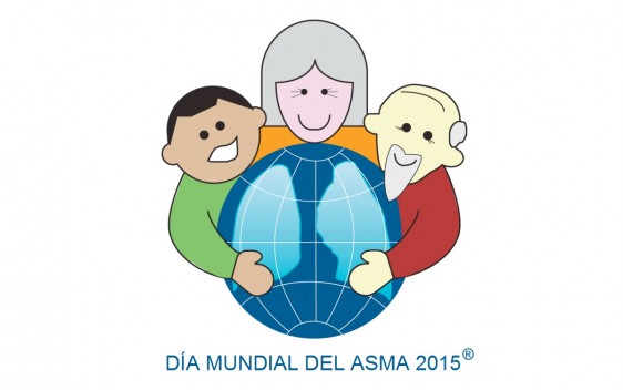 Ilustración de personas abrazando el mundo y el texto "Día Mundial del Asma"