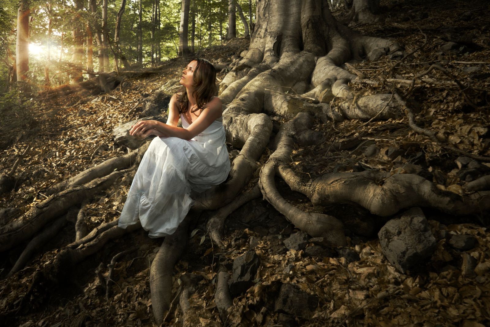 Mujer con vestido blanco en un bosque