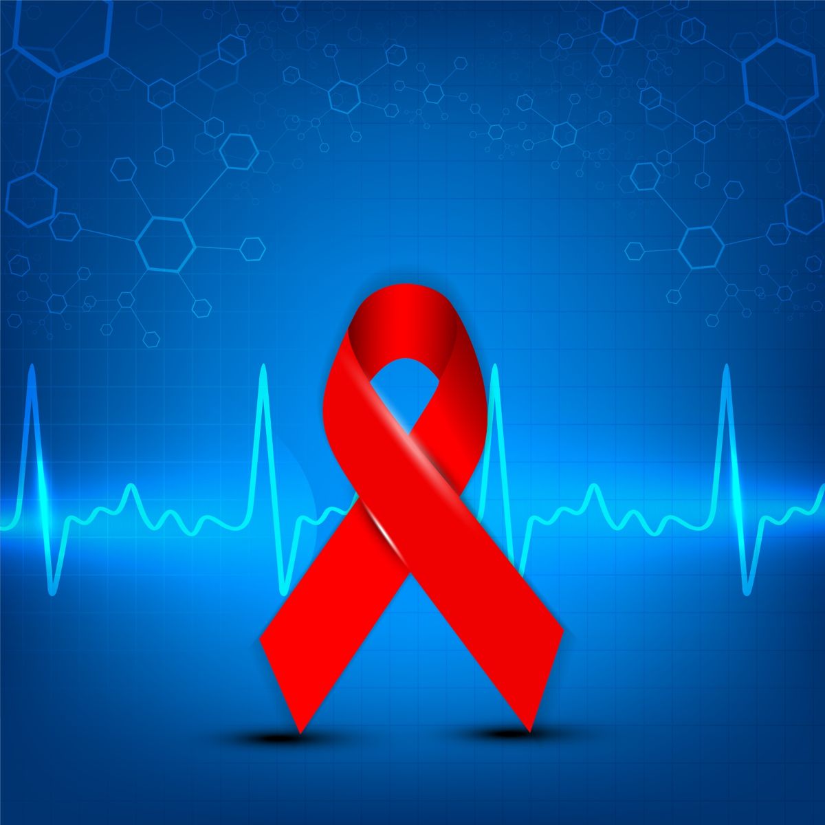 Fondo azul con listón rojo y un electrocardiograma