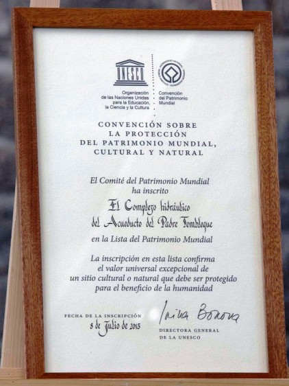 Certificado de Inscripción a la Lista del Patrimonio Mundial del Acueducto del Padre Tembleque en la Lista del Patrimonio Mundial
