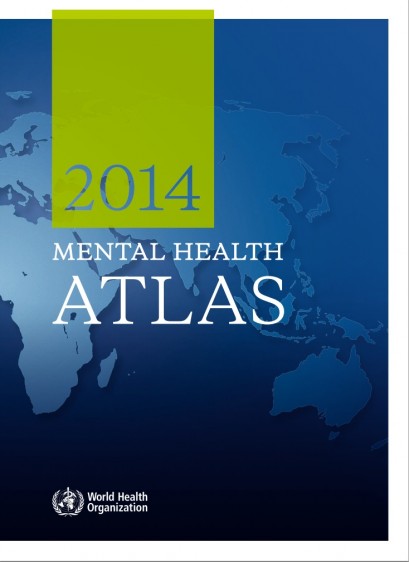 Portada en azul y mapa del mundo con el texto "2014 Mental Health Atlas"