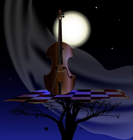 night, moon, abstract tree and stringed instrument