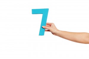 Mano de una mujer que sostiene un número siete azul en un fondo blanco