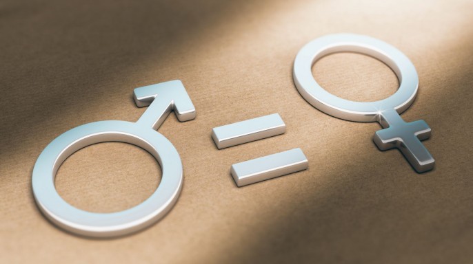 Ilustración 3d de simbolos de masculino y demenino symbolos con un signo de igual