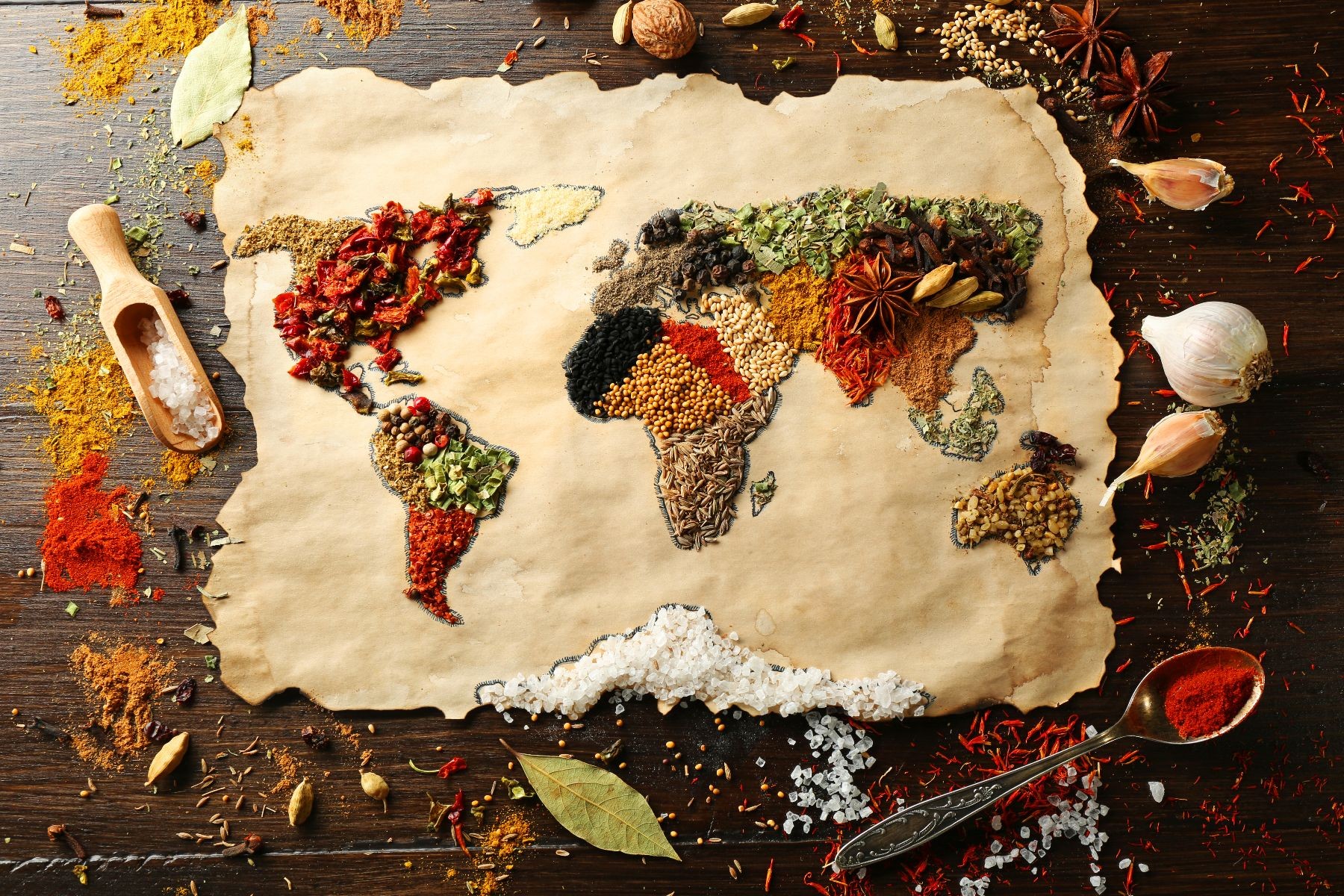 tela perforada con mapa mundo comida
