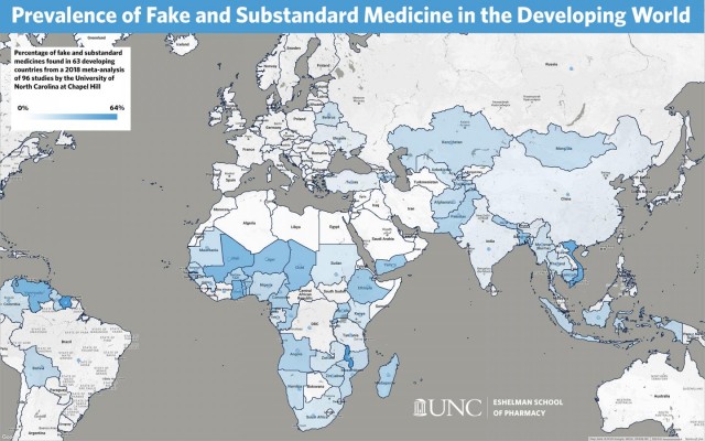 El mapa codificado por colores muestra el porcentaje de medicamentos falsos y de calidad inferior encontrados en 63 países en desarrollo.