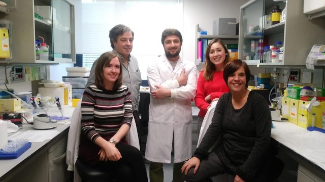 De izquierda a derecha, los investigadores Laura López-Molina, Jordi Alberch, Albert Giralt, Anna Sancho-Balsells y Silvia Ginés, en la Facultad de Medicina y Ciencias de la Salud (Universidad de Barcelona).