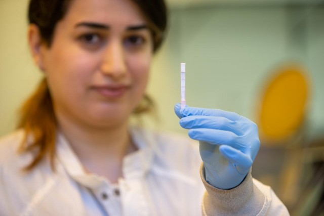 Shima Dalirirad sostiene una tira reactiva que puede medir biomarcadores de estrés en el Laboratorio de Nanoelectrónica de la UC.