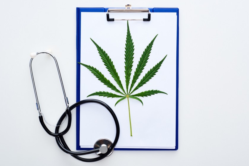 hoja de cannabis medicinal en el portapapeles cerca del estetoscopio sobre fondo blanco
