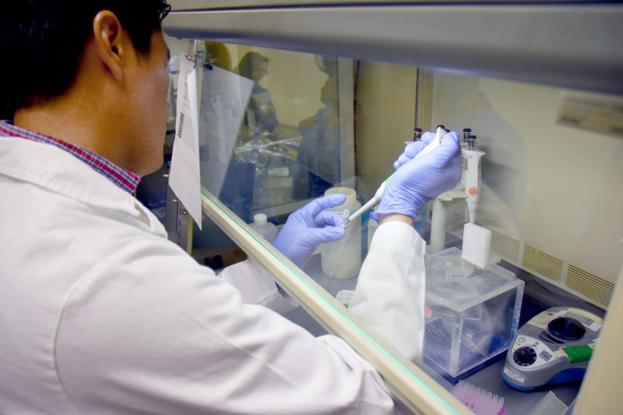 Especialista llenado una muestra en laboratorio