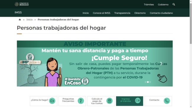 Pantalla del servicio Facilita IMSS pago de cuota en línea para personas trabajadoras del hogar