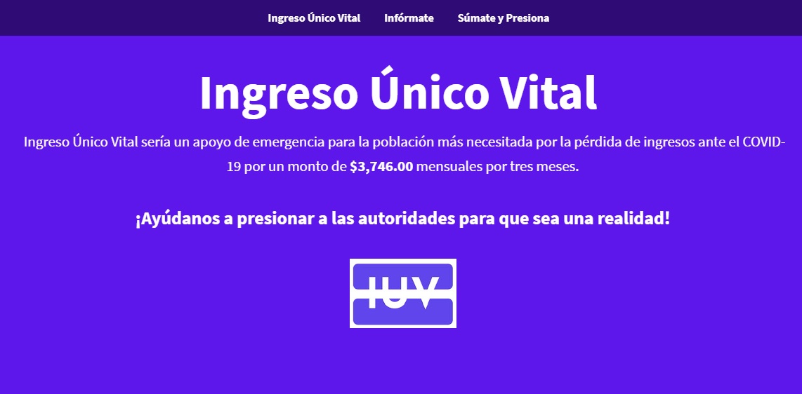 Captura de pantalla del sitio Ingreso Único Vital para enfrentar la pérdida de ingresos ante el COVID-19