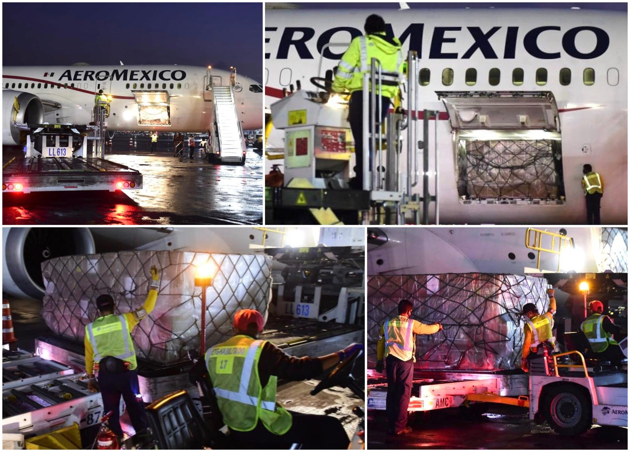 Mosaico de imágenes de avión descargando cargamento