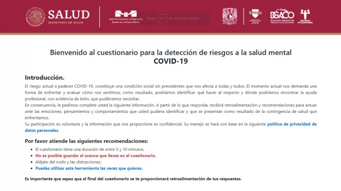 Captura de pantalla del sitio cuestionario para la detección de riesgos a la salud mental COVID-19