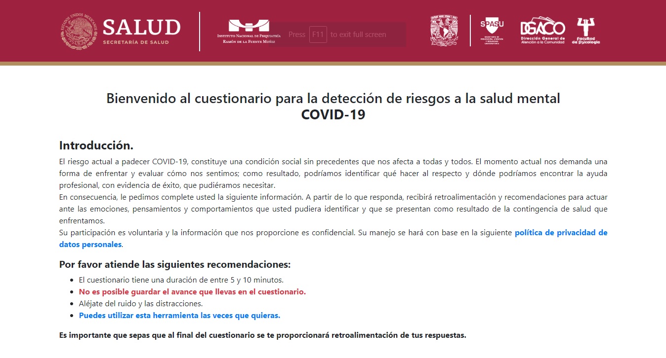 Captura de pantalla del sitio cuestionario para la detección de riesgos a la salud mental COVID-19