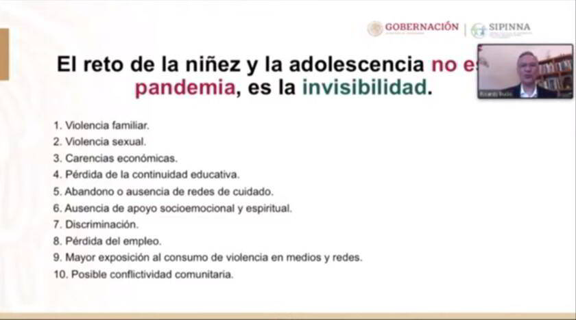 Ricardo Bucio y diapositiva el reto de la niñez y la adolescencia no es la pandemia, es la invisibiliadad