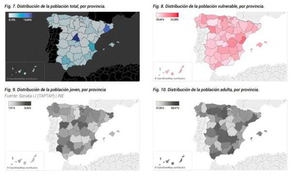 Mapas de distribución de la población por provincias en España