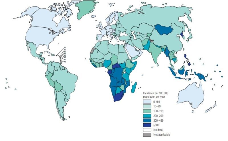 Mapa de Tasas estimadas de incidencia de tuberculosis, 2019