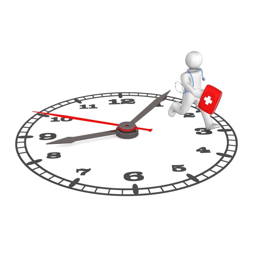 Personaje de dibujos animados blancos corriendo con botiquín encima de un reloj