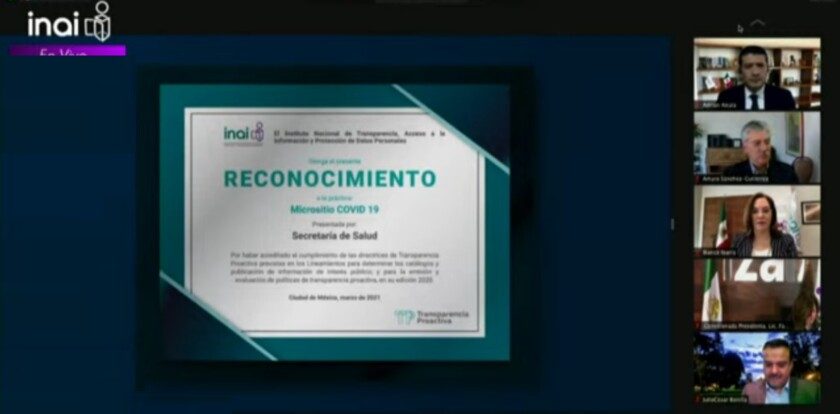 Secretaría de Salud recibe reconocimiento del INAI por transparencia proactiva a través de coronavirus.gob.mx