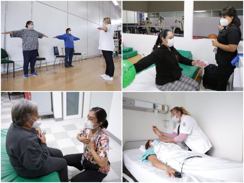 Mosaico de imagenes con especialistas en Medicina de Rehabilitación, terapistas físicos y ocupacionales