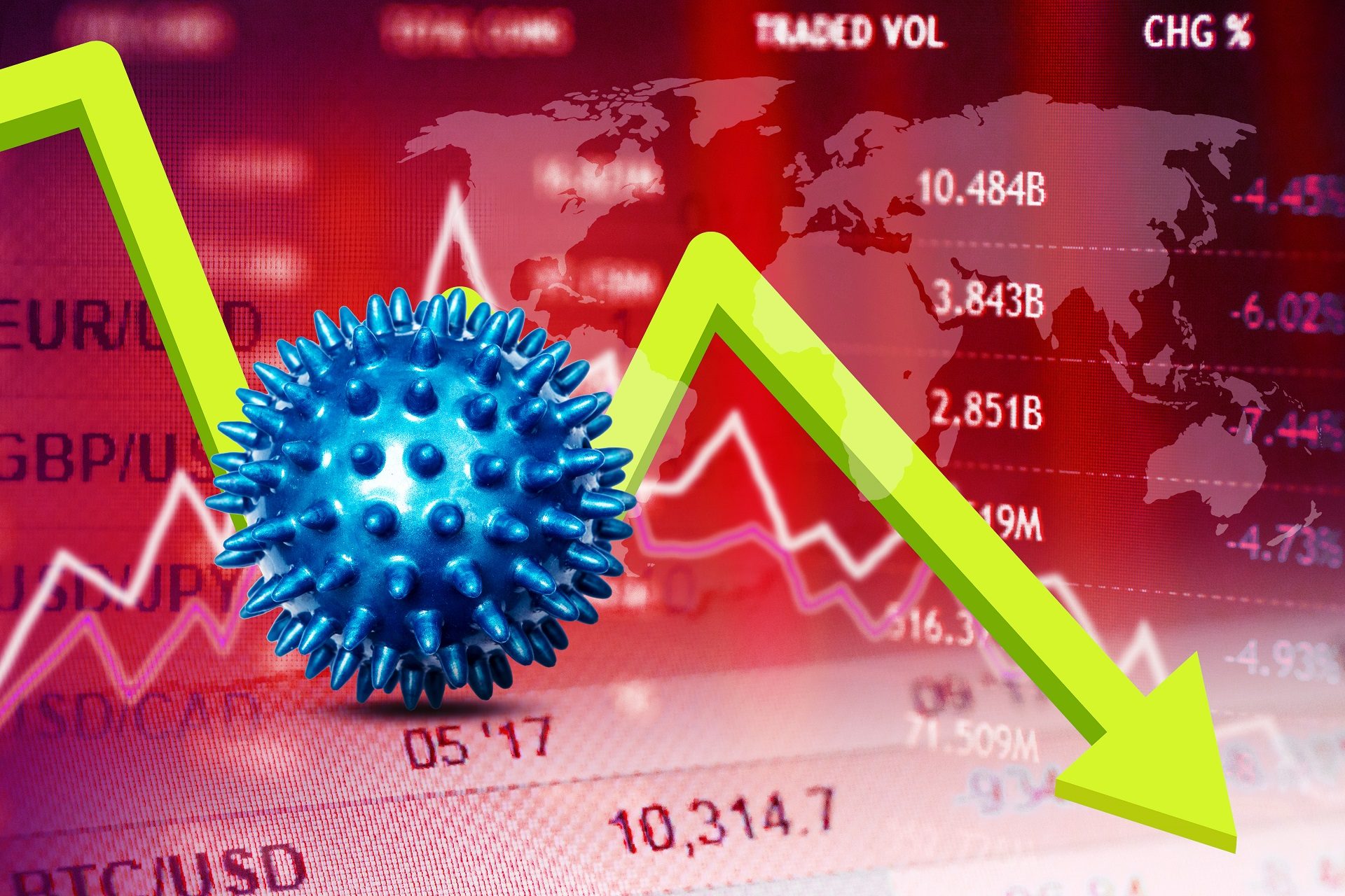 Primer plano de la disminución de la flecha con ilustración de virus