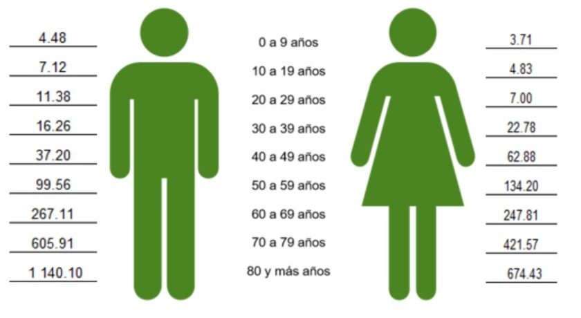 Tasa de defunción de tumores malignos por grupo decenal de edad y sexo 2019 Defunciones por cada 100 mil habitantes para cada grupo de edad y sexo
