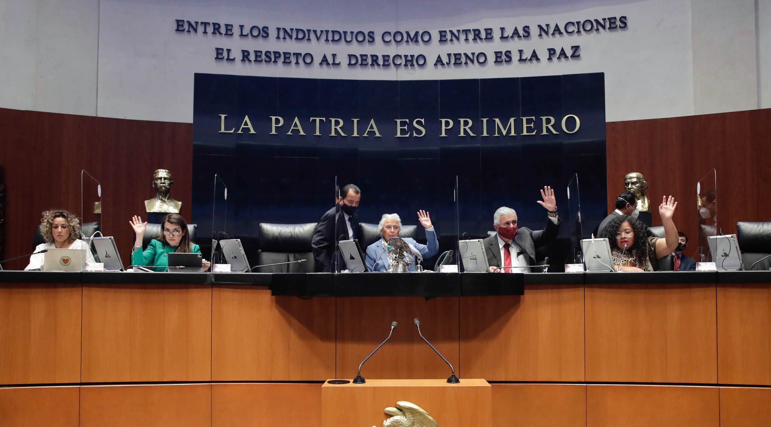 Senadores levantando la mano en el presidium del salón en el senado