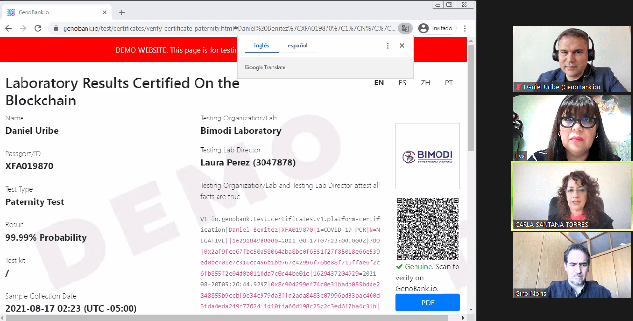 Videoconferencia con certificado de paternidad y los ponentes