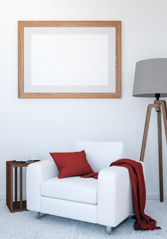 Moderna sala de estar de lujo fondo interior con simulacro de marco de cartel vacío, 3D Rendering