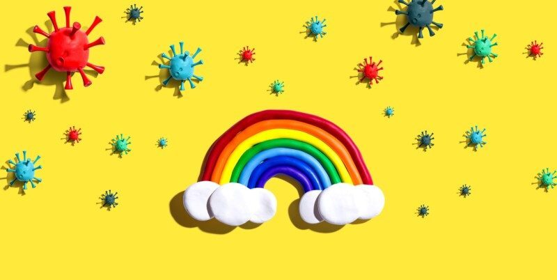 Arcoiris rodeado de iconos de virus en fondo amrillo, concepto de Esperanzas y deseos para la situación del coronavirus