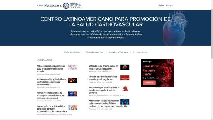 Cpatura de pantalla del Centro Latinoamericano para Promoción de la Salud Cardiovascular
